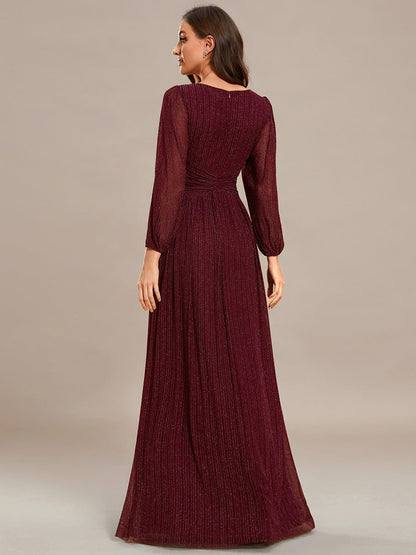 Maxi Long Chiffon Waist  V Neck Wholesale Evening Dress with Long Sleeves