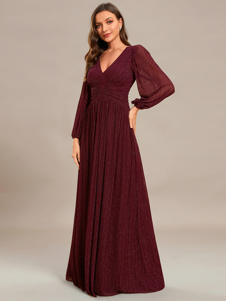 Maxi Long Chiffon Waist  V Neck Wholesale Evening Dress with Long Sleeves