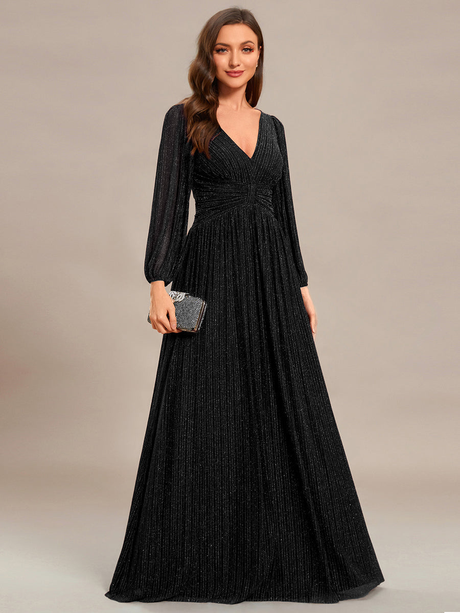 Maxi Long Chiffon Waist  V Neck Wholesale Evening Dress with Long Sleeves