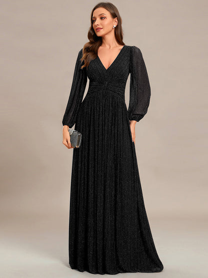 Maxi Long Chiffon Waist  V Neck Wholesale Evening Dress with Long Sleeves