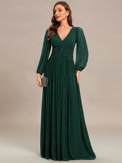 Maxi Long Chiffon Waist  V Neck Wholesale Evening Dress with Long Sleeves