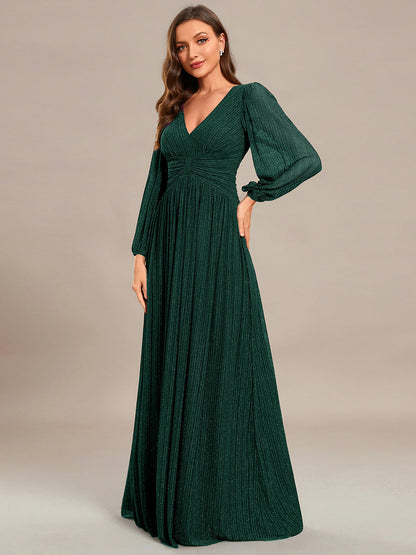 Maxi Long Chiffon Waist  V Neck Wholesale Evening Dress with Long Sleeves