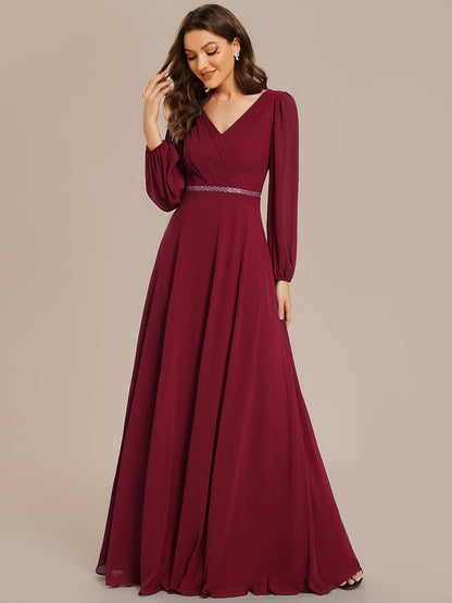 Elegant waisted chiffon V-neck long sleeve guest dress wholesale