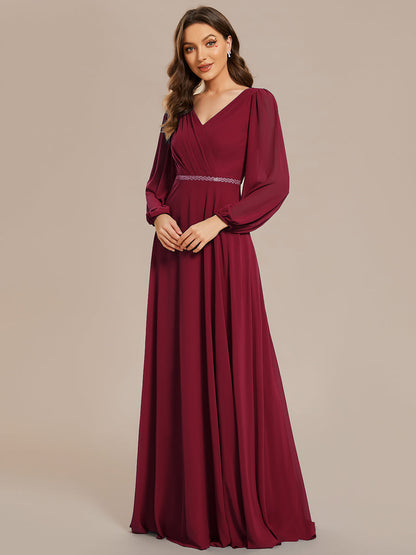 Elegant waisted chiffon V-neck long sleeve guest dress wholesale