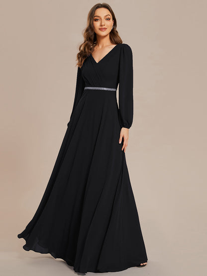 Elegant waisted chiffon V-neck long sleeve guest dress wholesale