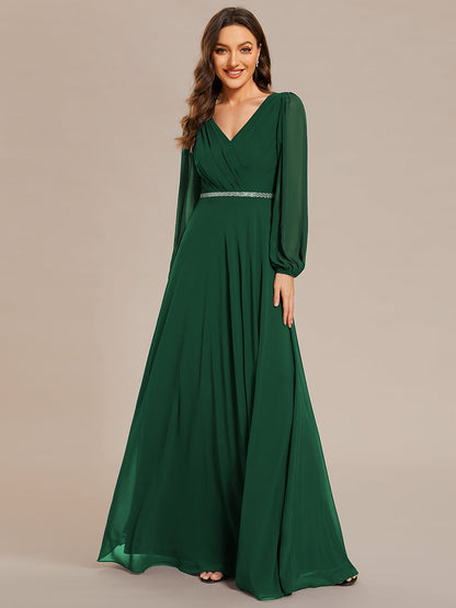 Elegant waisted chiffon V-neck long sleeve guest dress wholesale