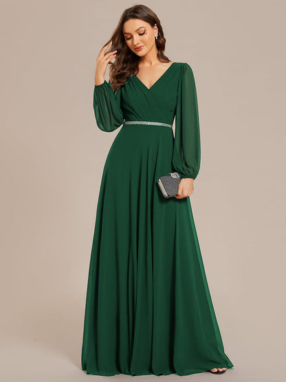 Elegant waisted chiffon V-neck long sleeve guest dress wholesale