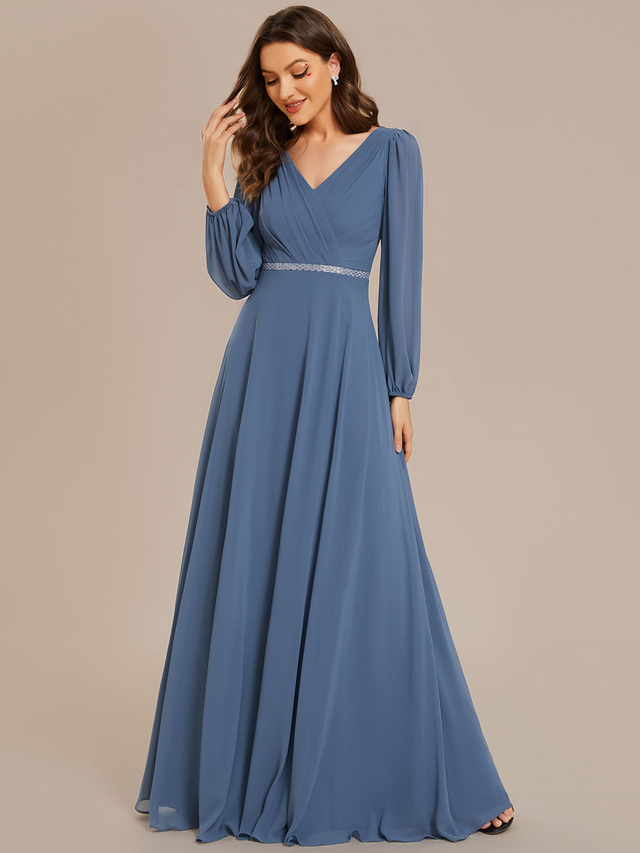 Elegant waisted chiffon V-neck long sleeve guest dress wholesale