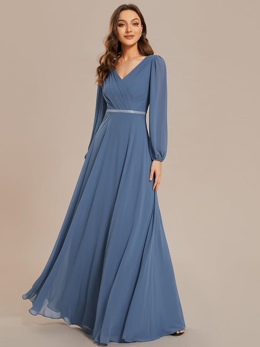 Elegant waisted chiffon V-neck long sleeve guest dress wholesale