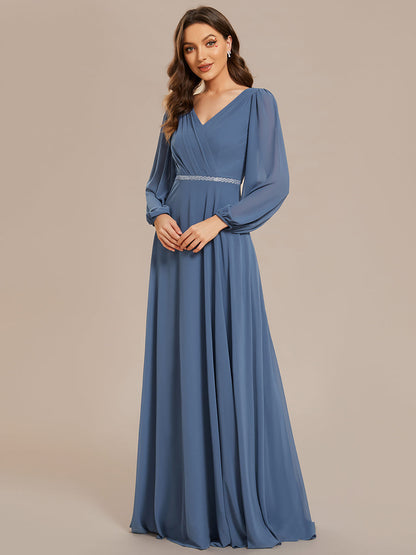 Elegant waisted chiffon V-neck long sleeve guest dress wholesale