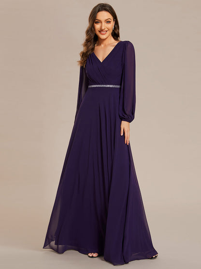 Elegant waisted chiffon V-neck long sleeve guest dress wholesale