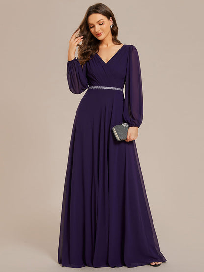 Elegant waisted chiffon V-neck long sleeve guest dress wholesale