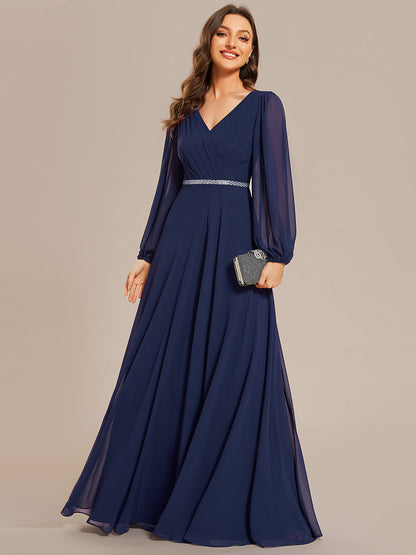 Elegant waisted chiffon V-neck long sleeve guest dress wholesale