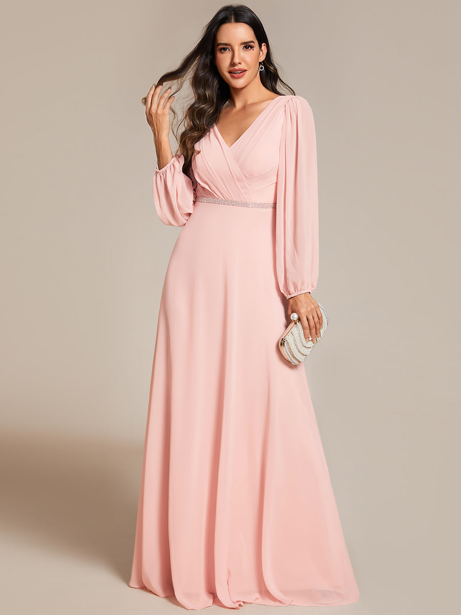 Elegant waisted chiffon V-neck long sleeve guest dress wholesale