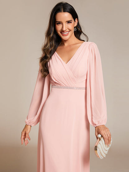 Elegant waisted chiffon V-neck long sleeve guest dress wholesale