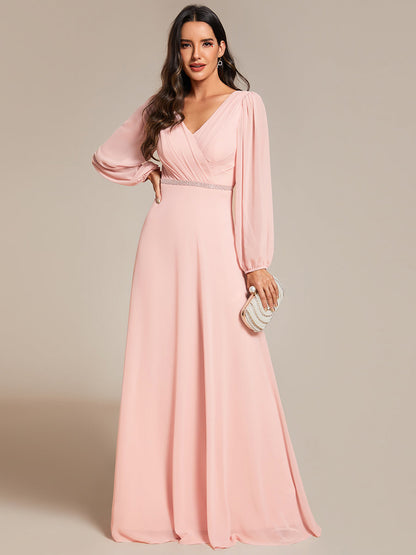 Elegant waisted chiffon V-neck long sleeve guest dress wholesale