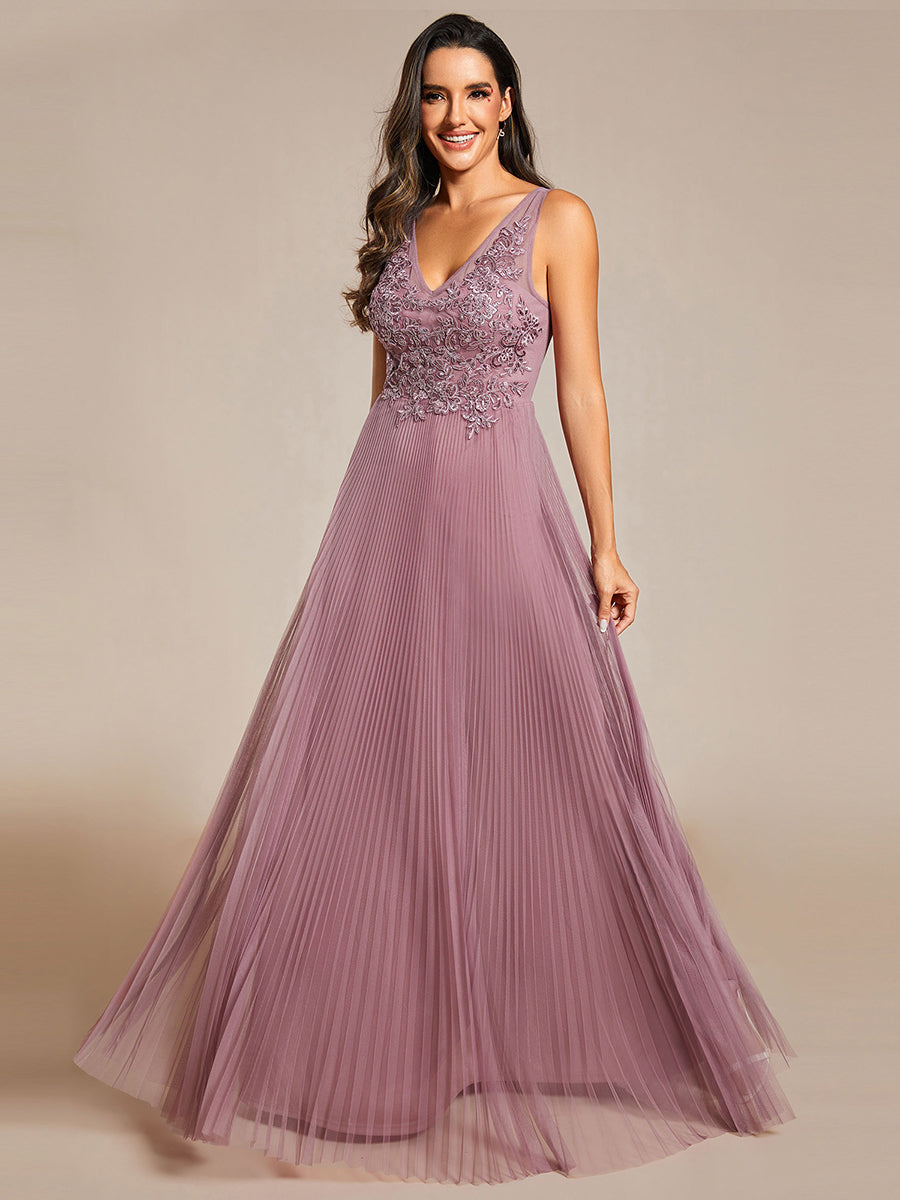 Elegant  Appliques  Chiffon A-Line Floor Length V Neck Sleeveless Wholesale Evening Dress