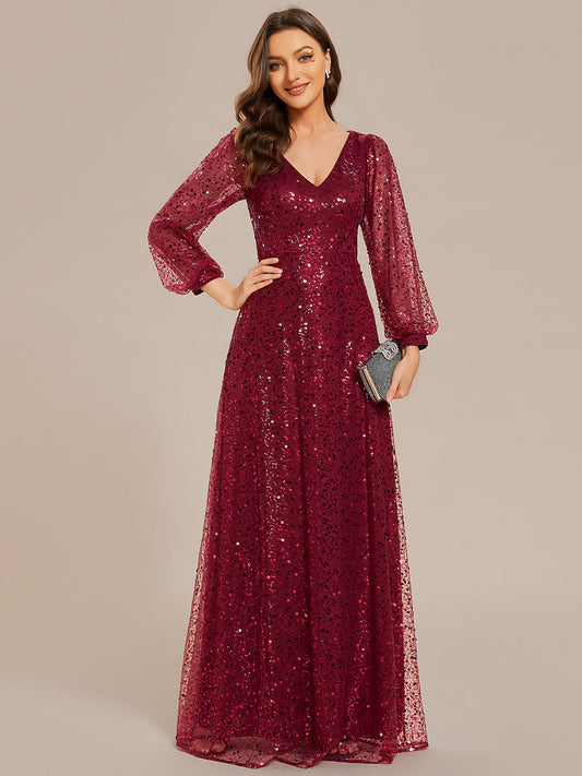 Elegant waisted chiffon V-neck long sleeve guest dress wholesale