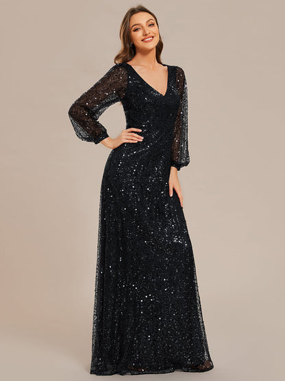 Elegant waisted chiffon V-neck long sleeve guest dress wholesale