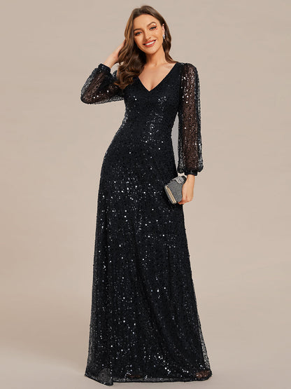 Elegant waisted chiffon V-neck long sleeve guest dress wholesale