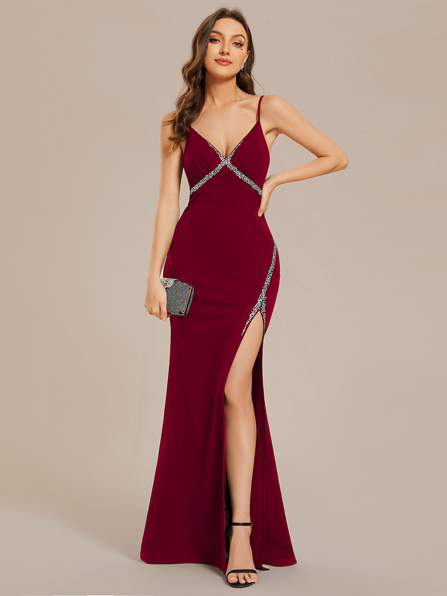 V Neck Side Split Fishtail Shiny Wholesale Evening Dresses