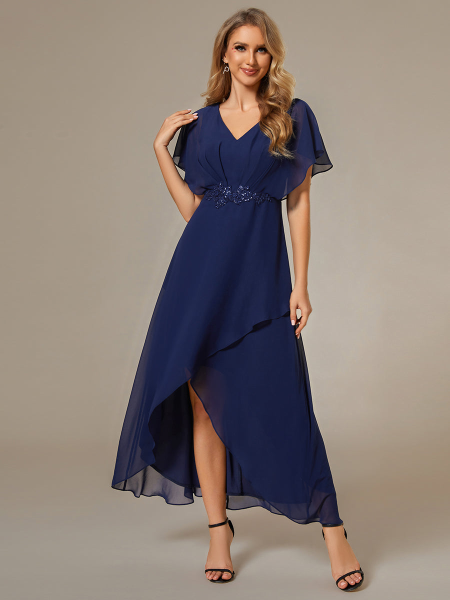 Chiffon Appliques  High-low  Wholesale Evening Dress with Short Sleeves