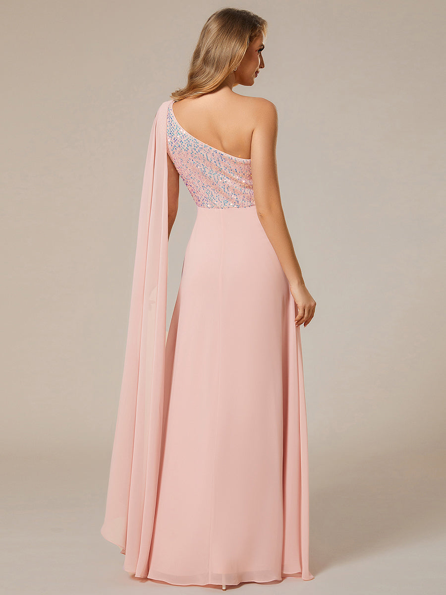 A-Line Shiny Sequin Chiffon Bodice One Shoulder Sleeveless Evening Dresses