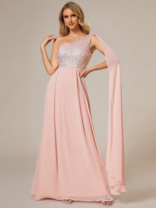 A-Line Shiny Sequin Chiffon Bodice One Shoulder Sleeveless Evening Dresses