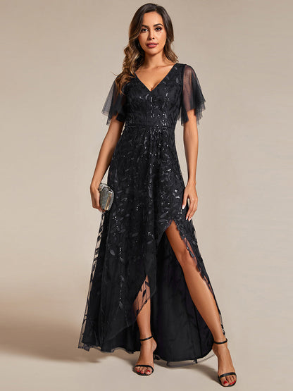 Sequin Mesh High Low V-Neck Midi Evening Dress With Short Sleeves