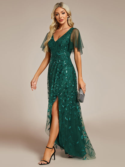 Sequin Mesh High Low V-Neck Midi Evening Dress With Short Sleeves