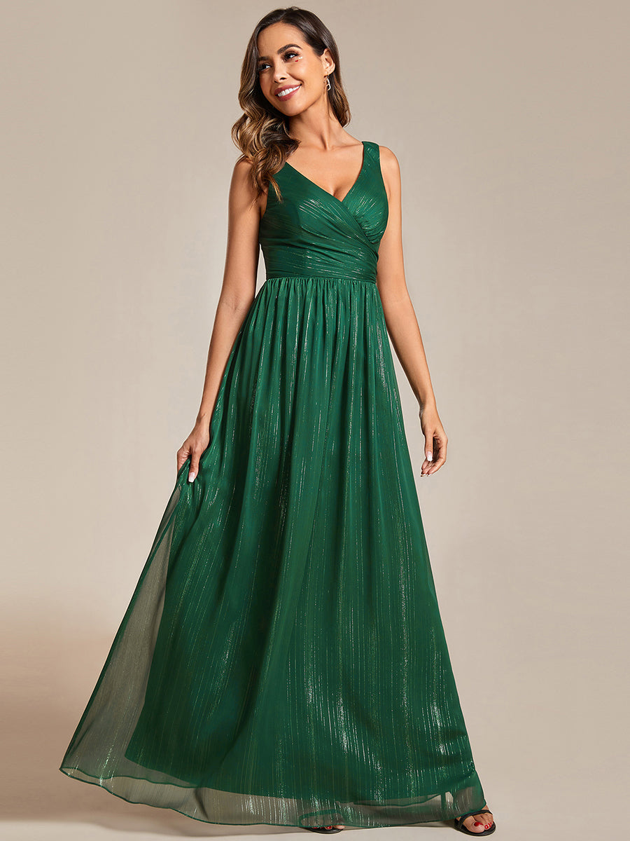 Glittery Floor Length V-Neck Sleeveless Evening Dress