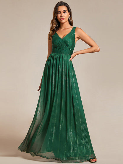 Glittery Floor Length V-Neck Sleeveless Evening Dress