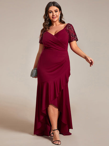 Plus Appliques High Split Fishtail Evening Dress With Short Sleeves