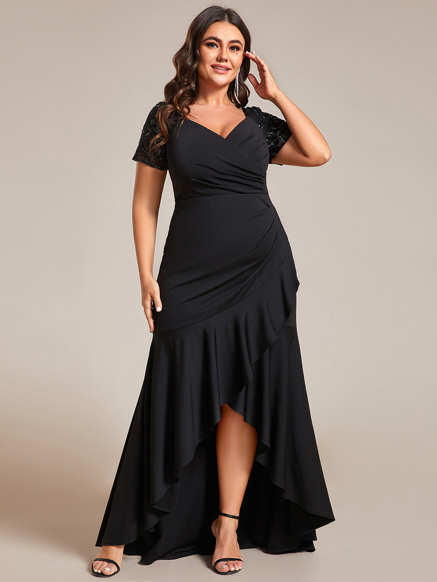 Plus Appliques High Split Fishtail Evening Dress With Short Sleeves