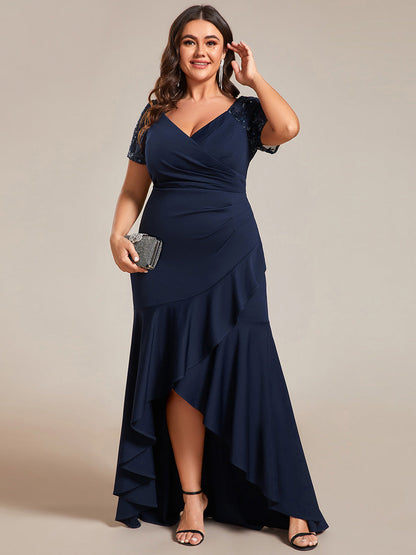 Plus Appliques High Split Fishtail Evening Dress With Short Sleeves