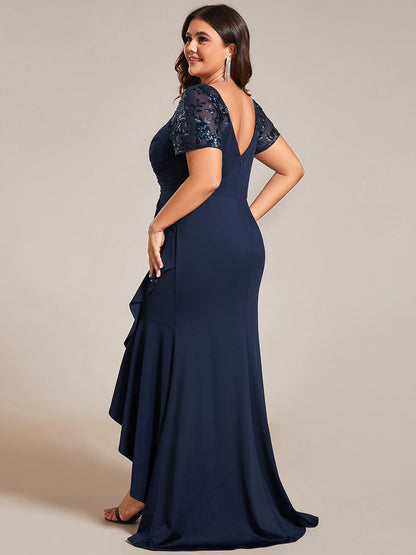 Plus Appliques High Split Fishtail Evening Dress With Short Sleeves