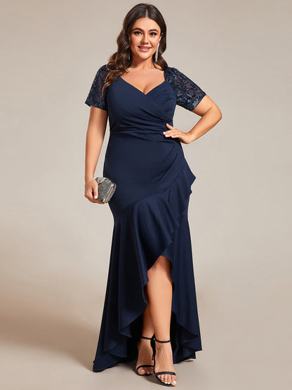 Plus Appliques High Split Fishtail Evening Dress With Short Sleeves