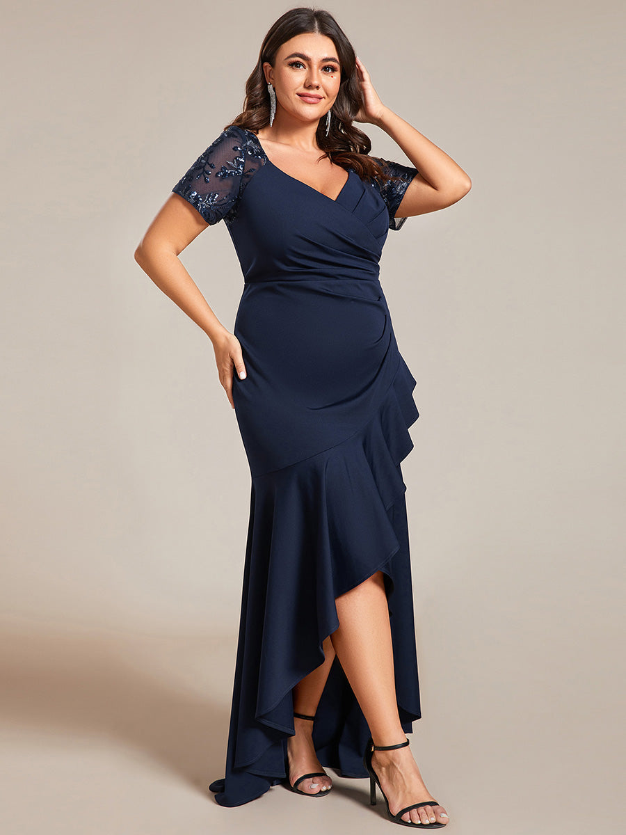 Plus Appliques High Split Fishtail Evening Dress With Short Sleeves