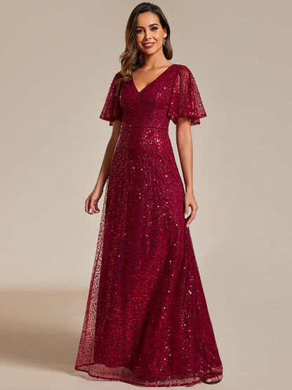 Shiny Sequin V Neck Evening Dress With Short Sleeves