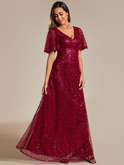 Shiny Sequin V Neck Evening Dress With Short Sleeves