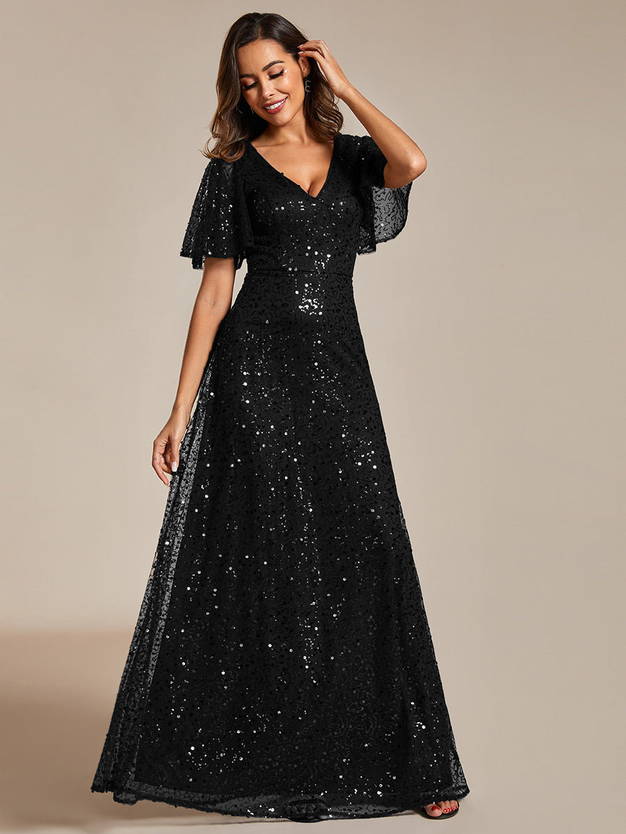 Shiny Sequin V Neck Evening Dress With Short Sleeves