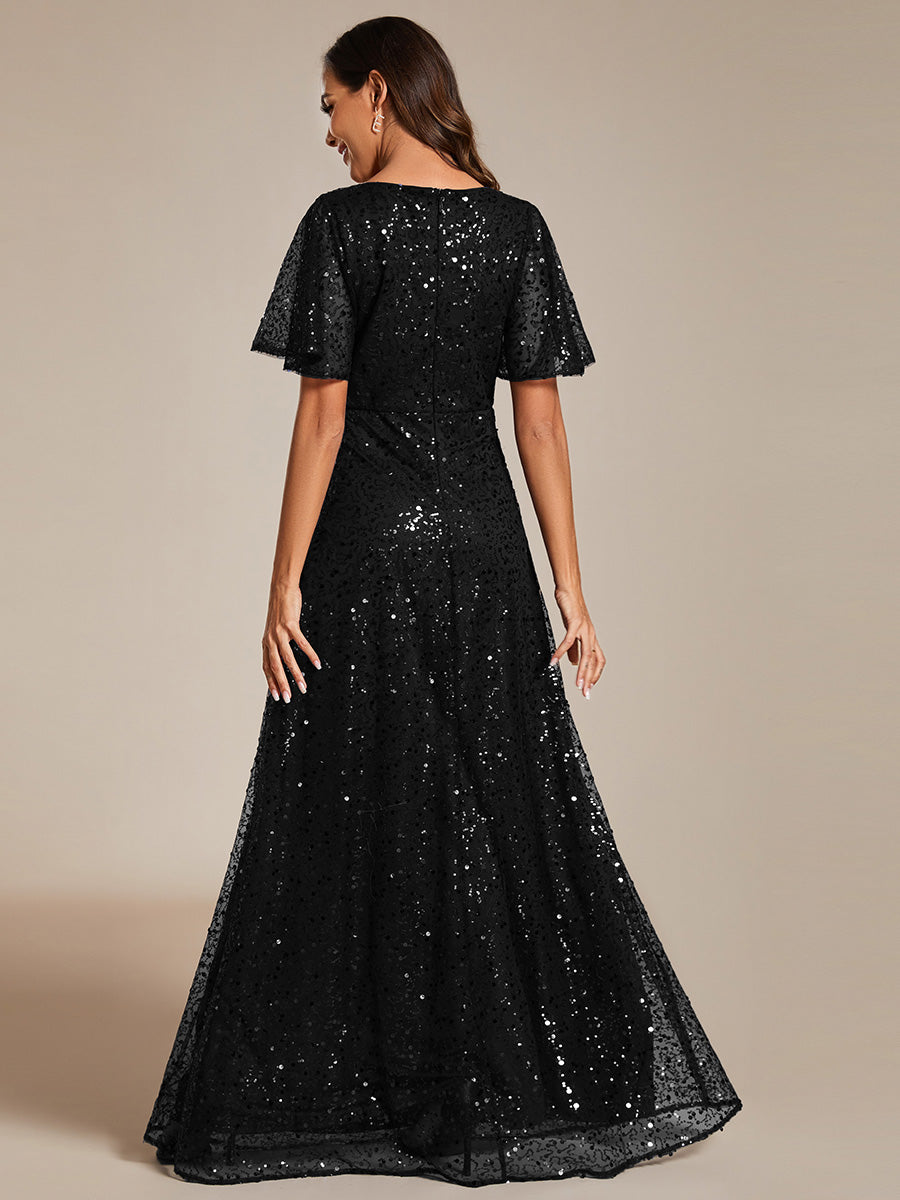 Shiny Sequin V Neck Evening Dress With Short Sleeves