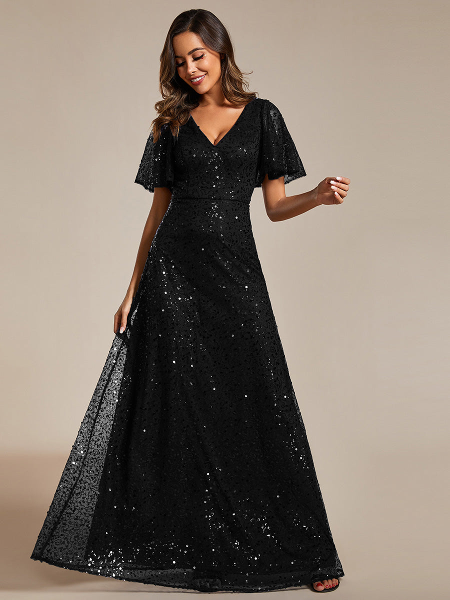 Shiny Sequin V Neck Evening Dress With Short Sleeves