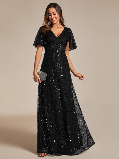 Shiny Sequin V Neck Evening Dress With Short Sleeves