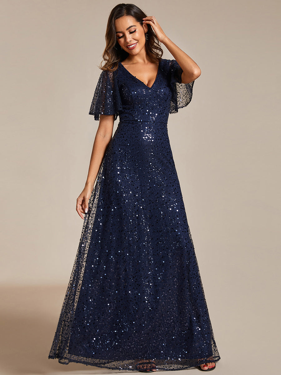 Shiny Sequin V Neck Evening Dress With Short Sleeves