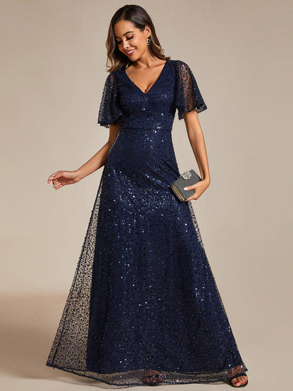 Shiny Sequin V Neck Evening Dress With Short Sleeves