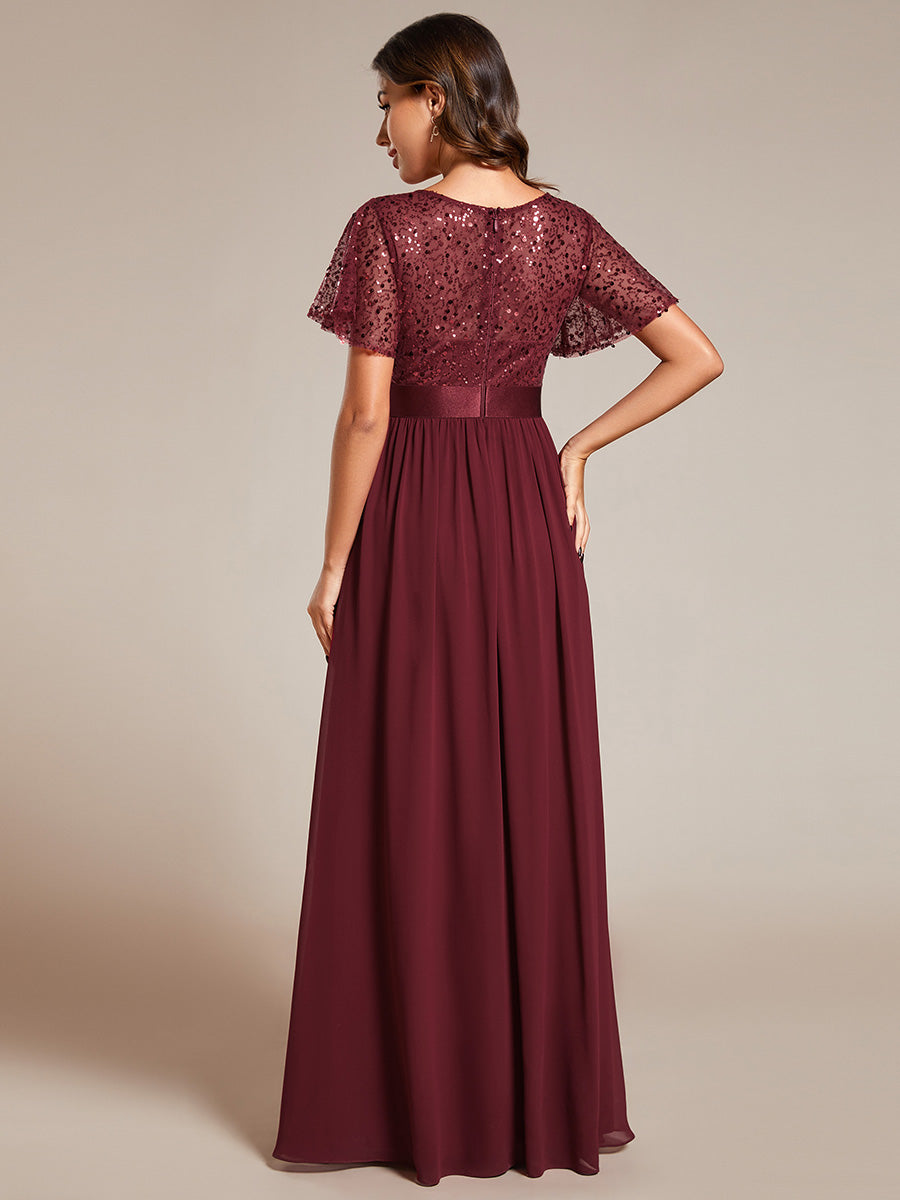 Round-Neck Sequin Chiffon High Waist Formal Evening Dress With Short Sleeves