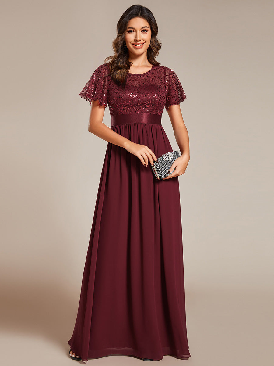 Round-Neck Sequin Chiffon High Waist Formal Evening Dress With Short Sleeves