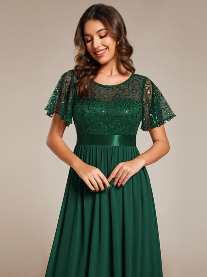 Round-Neck Sequin Chiffon High Waist Formal Evening Dress With Short Sleeves