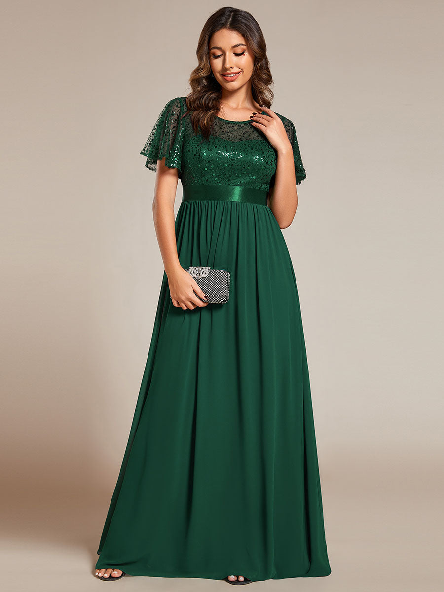 Round-Neck Sequin Chiffon High Waist Formal Evening Dress With Short Sleeves